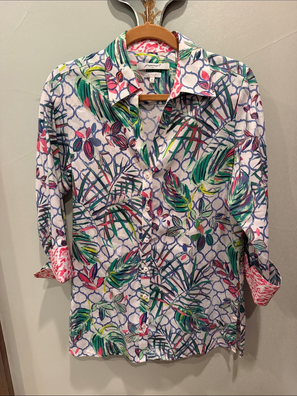 Foxcroft White Button-Front Blouse with Green and Pink Tropical Print